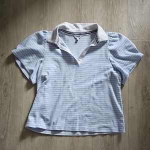 Crown & Ivy Light Blue and White Striped Short Sleeve Top